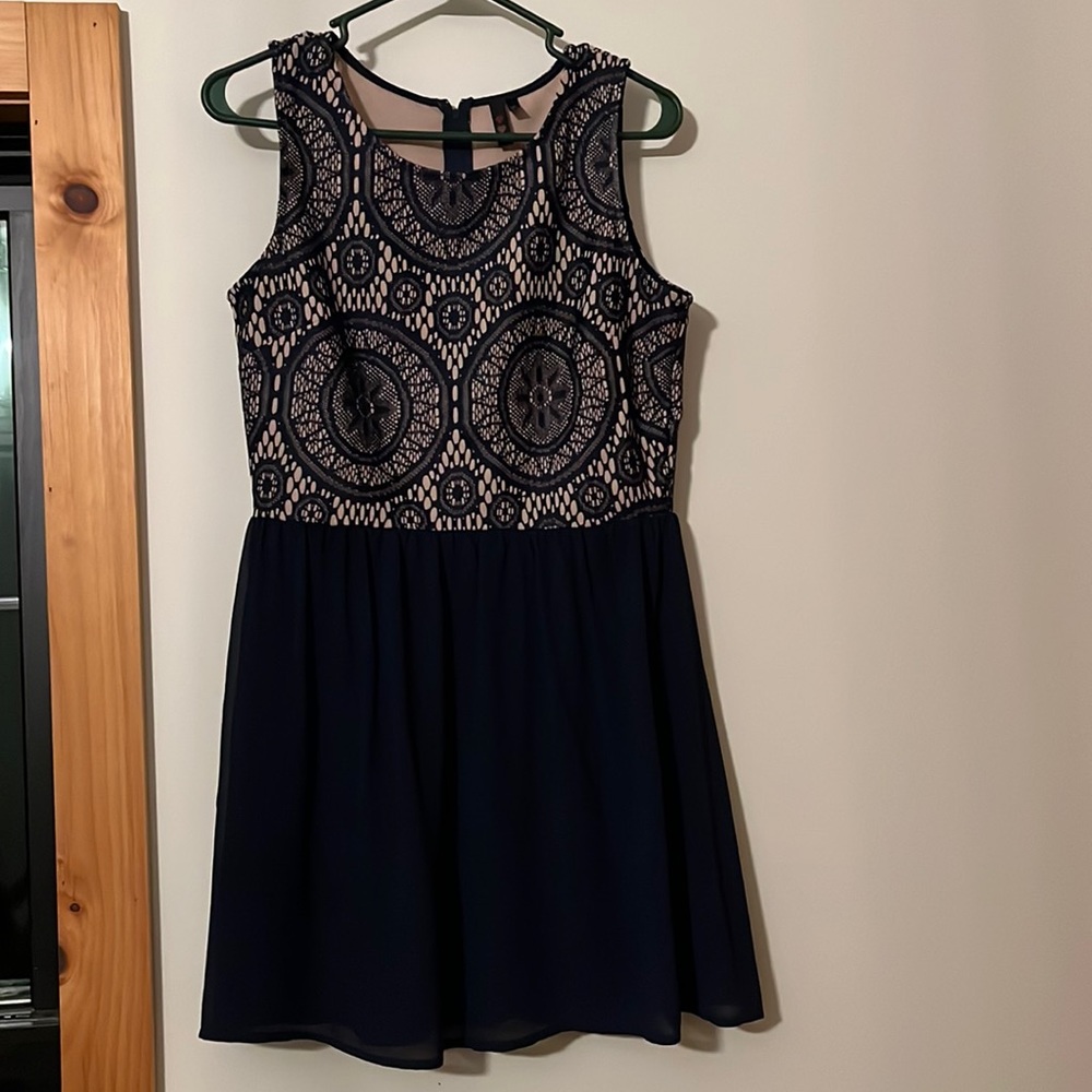 Blue and tan cocktail dress.